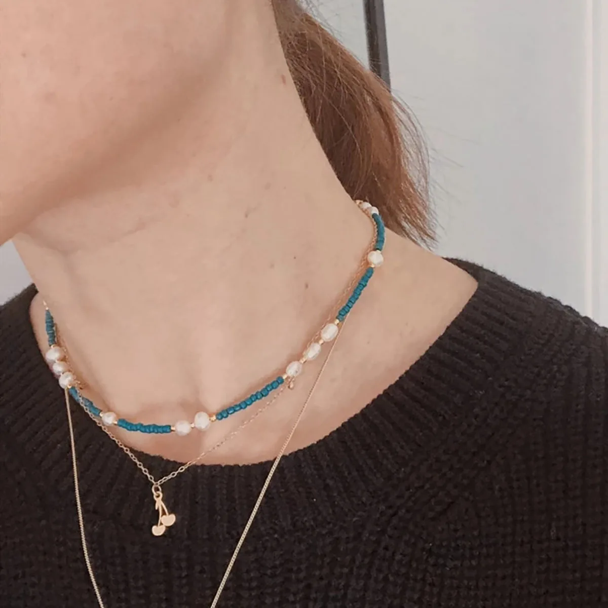 

Autumn And Winter New Niche Design Natural Freshwater Pearl Color Glass Beaded Mixed Necklace Female Temperament Ins Necklace