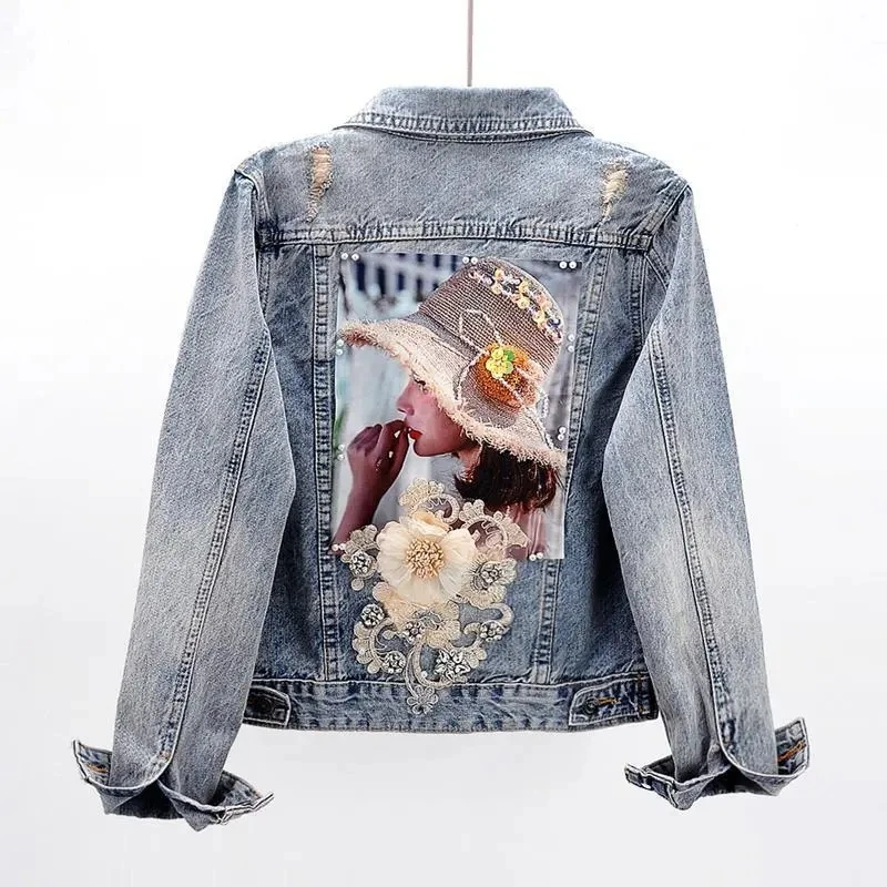 

2021 Girl Denim Jacket Cowboy Coat New Korean Slim Diamond-Studded Flowers Long-sleeved Denim Jacket Female Short Jacket Outwear