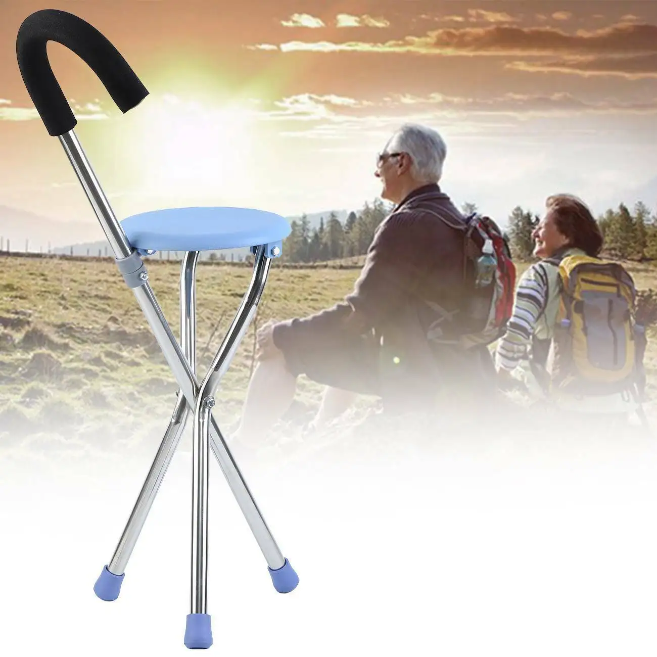

Portable Walking Chair Stick With Seat Outdoor Hiking Cane Folding Tripod