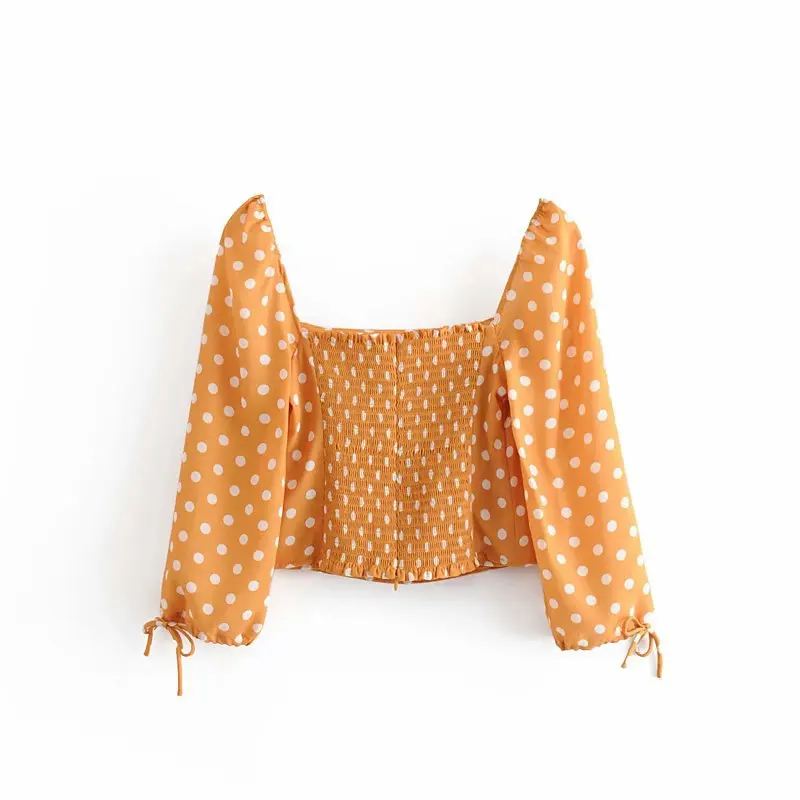 Женский короткий топ в горошек с квадратным вырезом и длинным рукавом Осень-зима