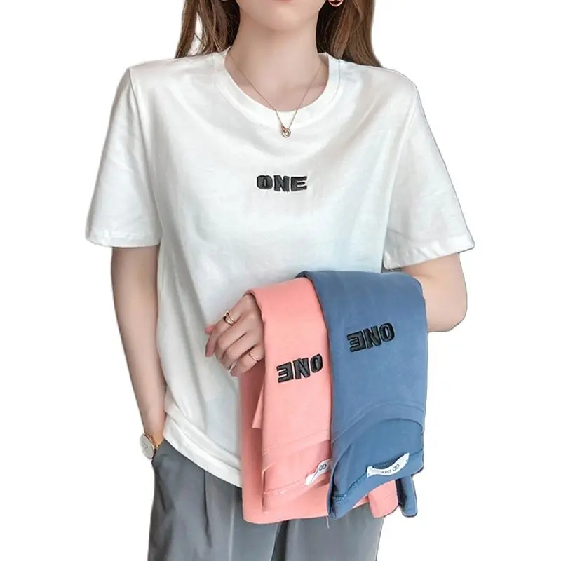 

Embroidery Letter 2021 Summer T-Shirt Women Cotton Short Sleeve Casual Tee Shirt Female Tops Woman Tshirts clothes Poleras Mujer