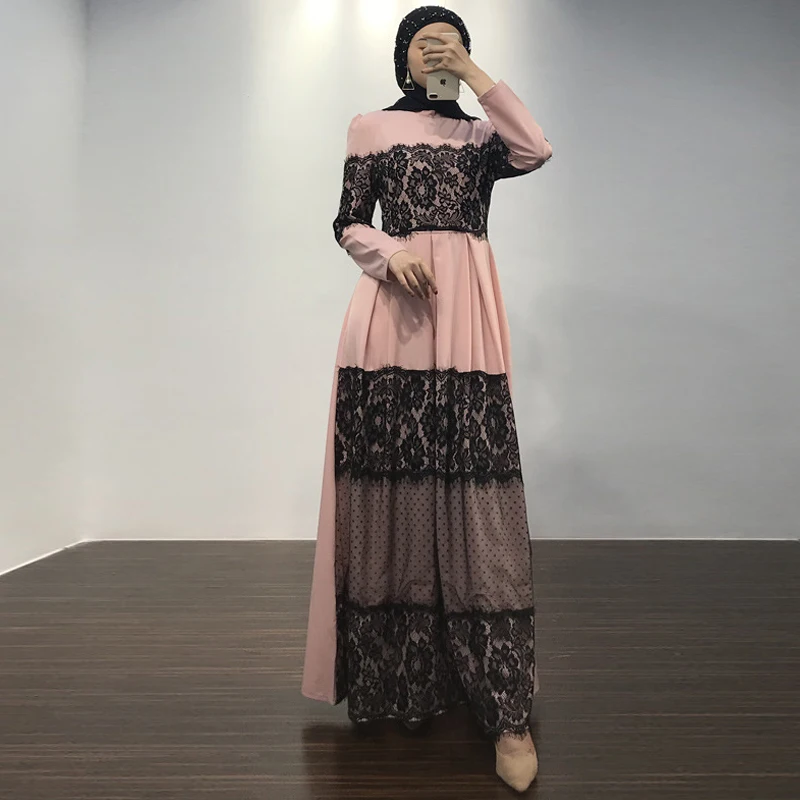 Черное кружево abaya розовый Дубайский мусульманский женское длинное платье Абая