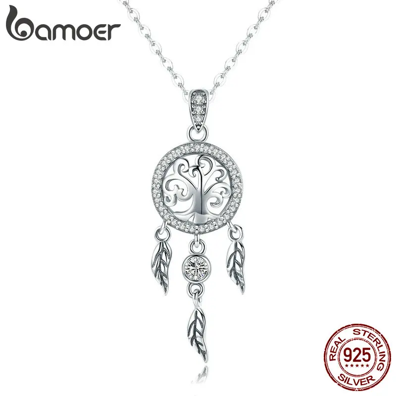 BAMOER Настоящее 925 пробы Серебряное Древо жизни Модный кулон в виде Ловца снов ожерелья для женщин Стерлинговое серебро ювелирные изделия SCN298