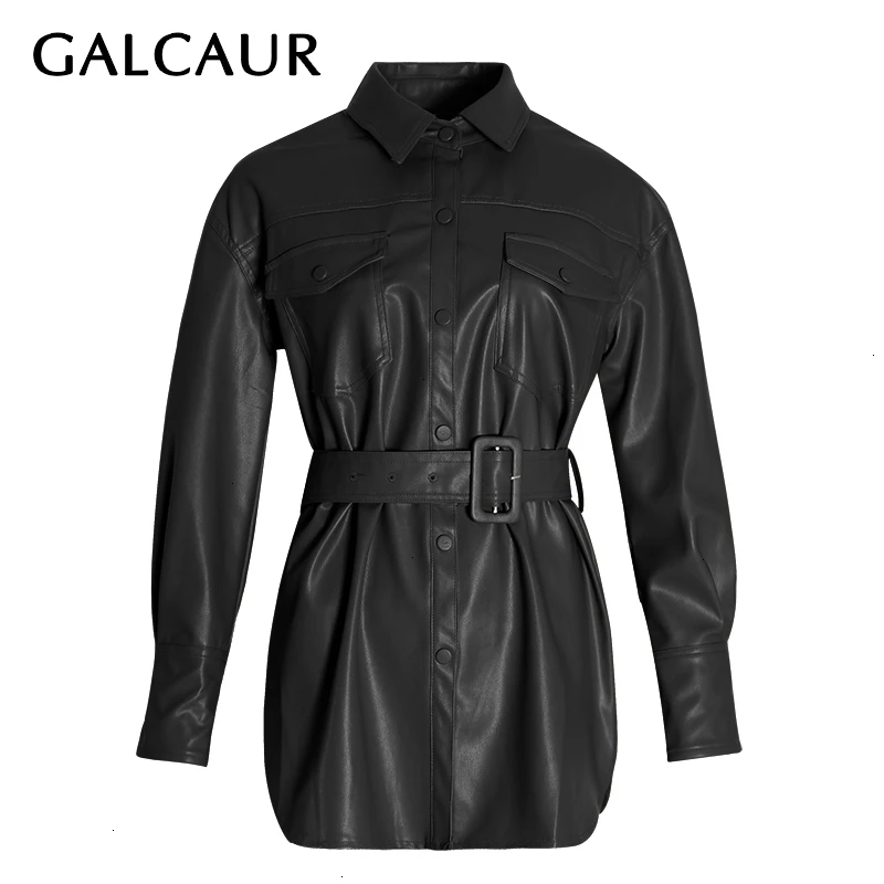 Женская куртка из искусственной кожи GALCAUR пальто с отложным воротником и