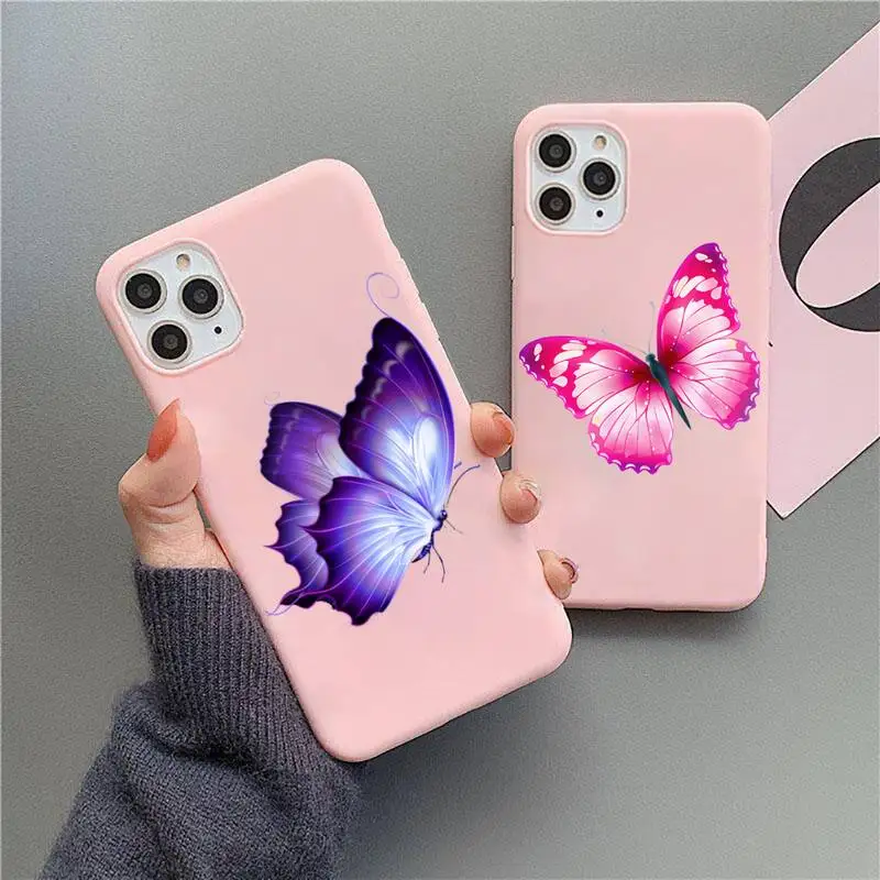 

Beauty Butterfly Phone Case Pink Candy Color for iPhone 11 12 mini pro XS MAX 8 7 6 6S Plus X SE 2020 XR