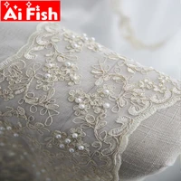 white sheer net tulle curtain beige embroidery lace for living room with artificial pearl bottom lace embroidered voile zh42050