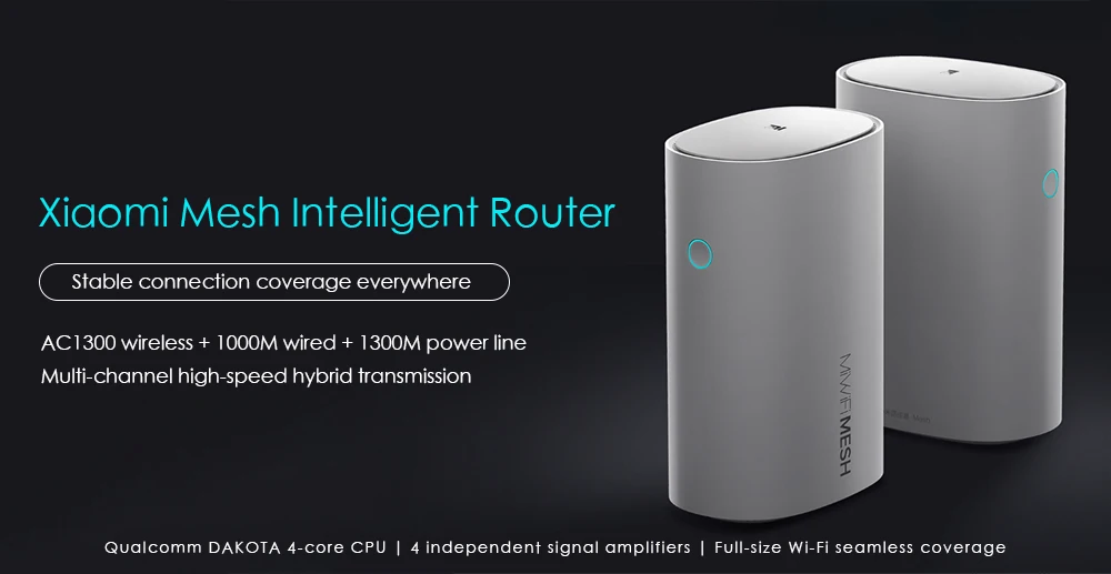 2 шт. Xiaomi Mesh WiFi умный маршрутизатор 2,4+ 5 ГГц AC1300+ 1000 м LAN+ 1300 м линия питания Qualcomm DAKOTA 4 ядра 4 усилителя сигнала