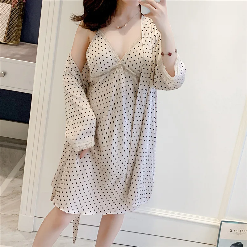 

Pajamas Women's Imitation Silk Sexy Lace Suspender Nightgown Two-piece Set Nightgown Set Long Sleeve Home Clothes