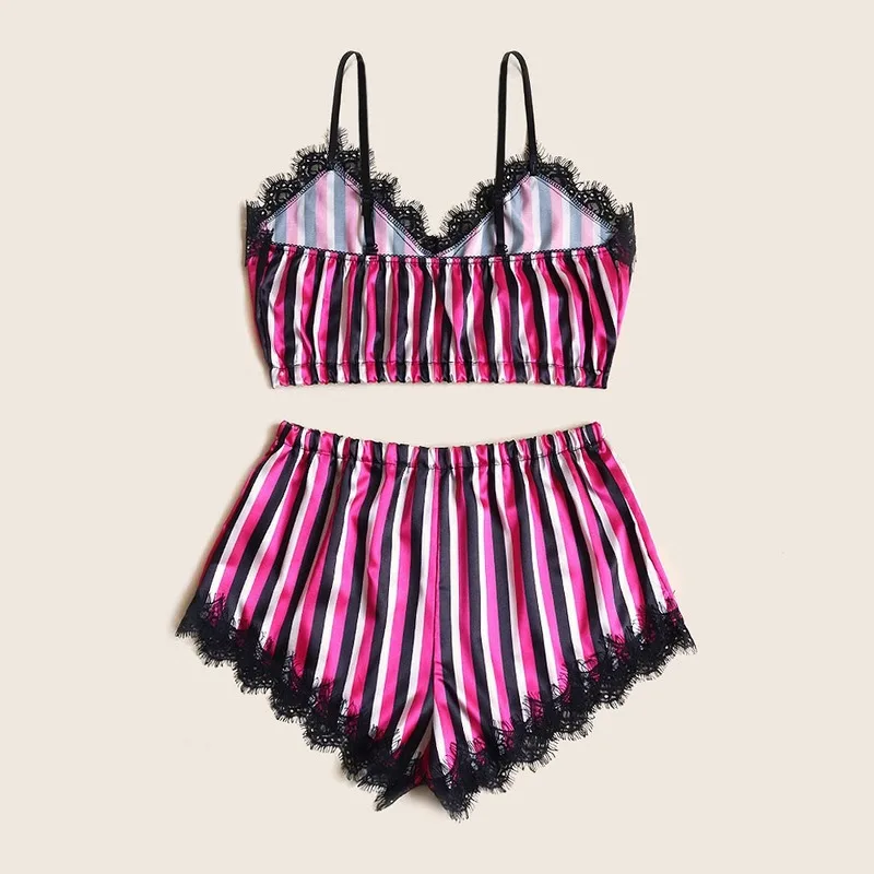 

Sexy Women Sets Spaghetti Strap Crop Tops Shorts Lingerie Two Piece Nightwear Babydoll Lace Satin Pajama Suits Striped Sleepwear