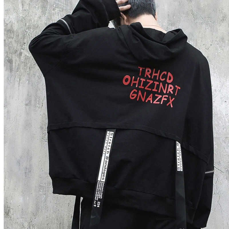 

Hooded Hoodies Sweatshirts With Black Gown Mantle Fashion Cloak Men Casual Hoody Outerwear Letter Ribbons Male Hip Hop Pullover