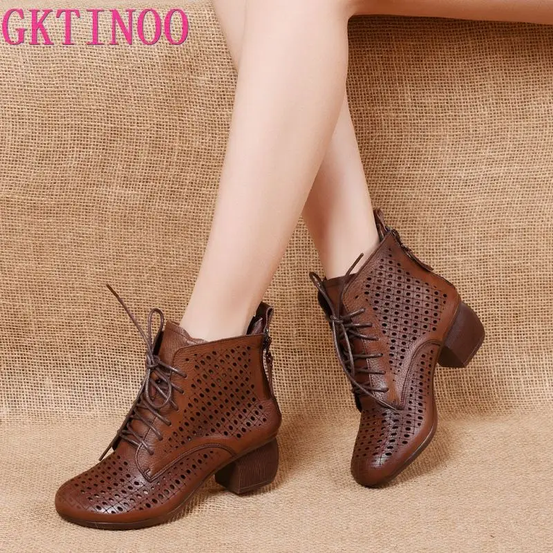 

GKTINOO 2022 Summer Ankle Boots Genuine Leather Shoes Women Med High Heel Back Zipper Boots Cutout breathable Mujer Zapatos