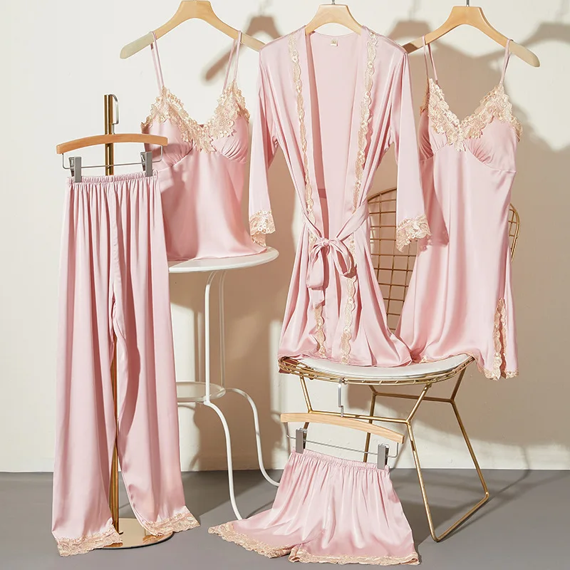 

5PCS Women Kimono Pajamas Sets Faux Silk Bride Dressing Bathrobe Gown Sexy Nightgown Sleepwear Nightwear Summer Lace Home Wear