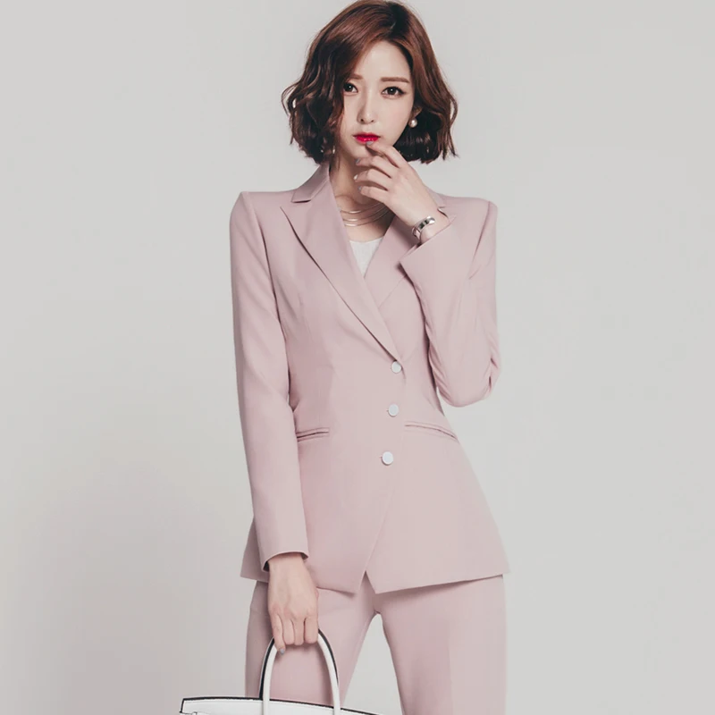 2020 New Fashion Spring Autumn Women Pants Suits 2 Two Piece Set For Work Wear OL Elegant Formal Business Ladies Pink Pantsuits