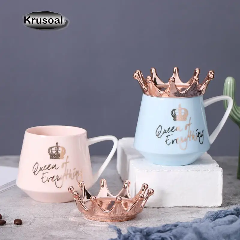 

Nordic Crown Ceramic Mug Cute Coffee Mug Breakfast Milk Cup with Spoon Lids Coffee Tea Cup 300Ml Capacity Water Mugs Girl Gift