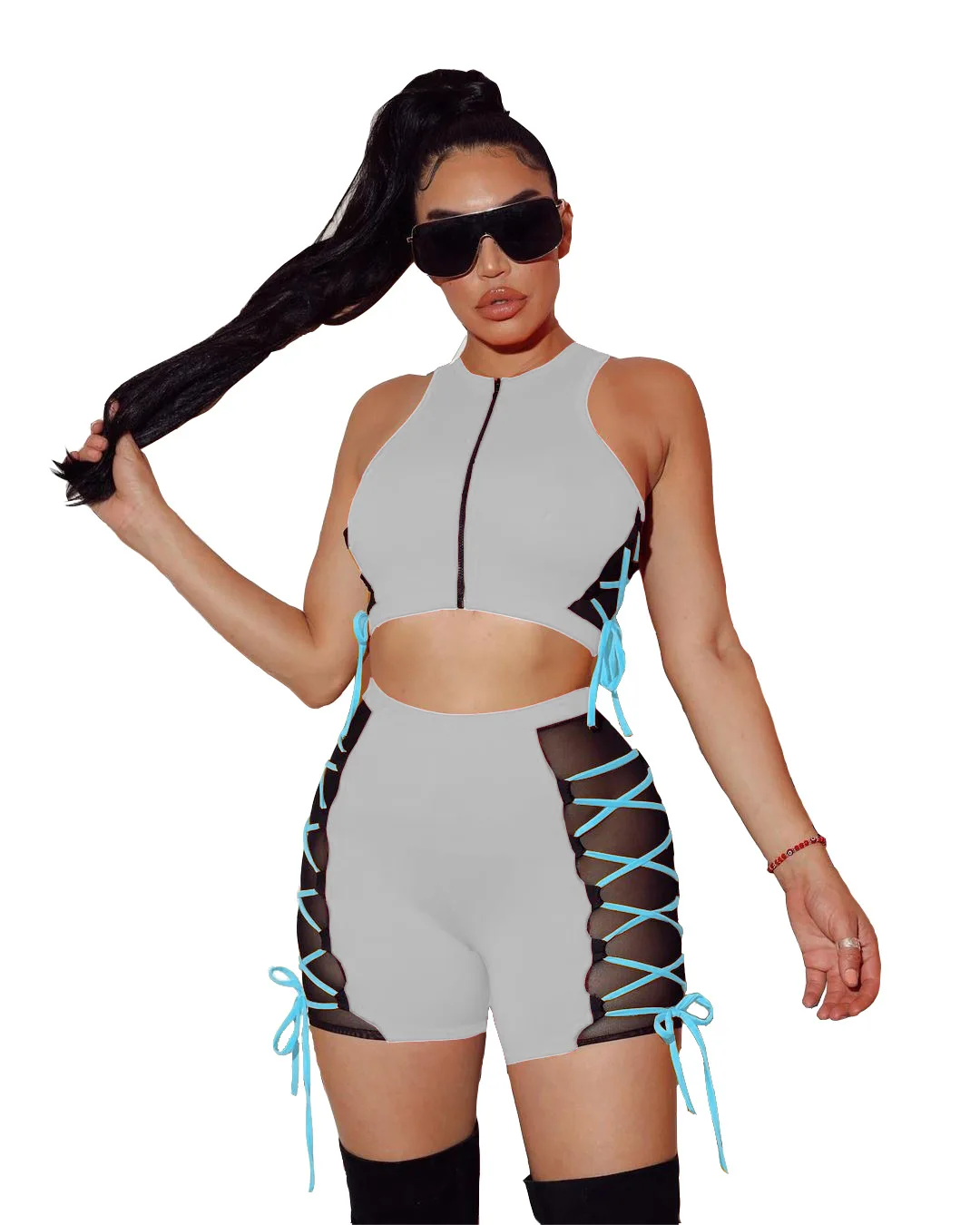 

2021 Summer Women Two Pieces Sets Fashion Mesh Patchwork Round Neck Sleeveless Lace up Tees and Shorts Side Bandage Outfits S-XL