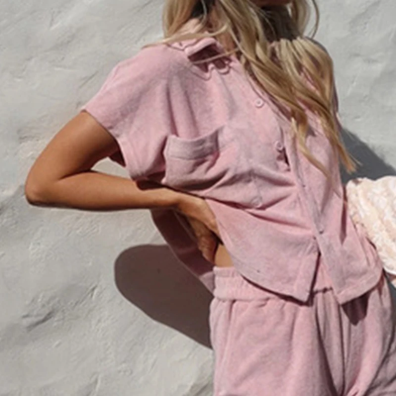 

2pcs Shorts Set For Womens Lounge Wear Velvet Soft Tops Shirt With Button Mini Loose Shorts Streetwear Casual Tracksuit