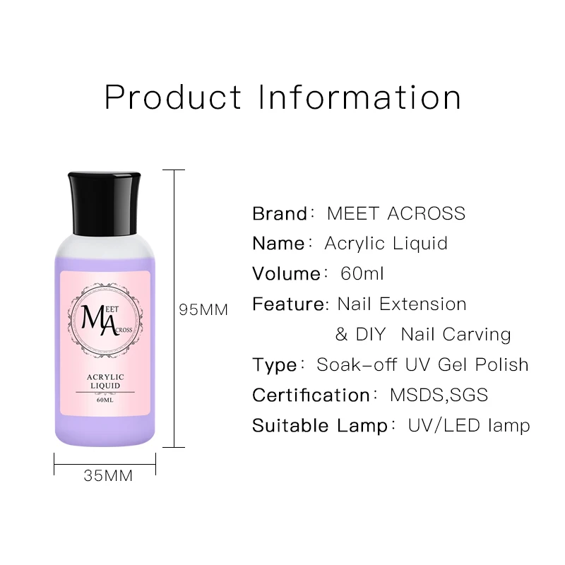 

MEET ACROSS 60ml Acrylic Liquid Nail Polish Crystal Acrylic Nail Powder Solution for Manicuring Carving Nail Art Extension Tool
