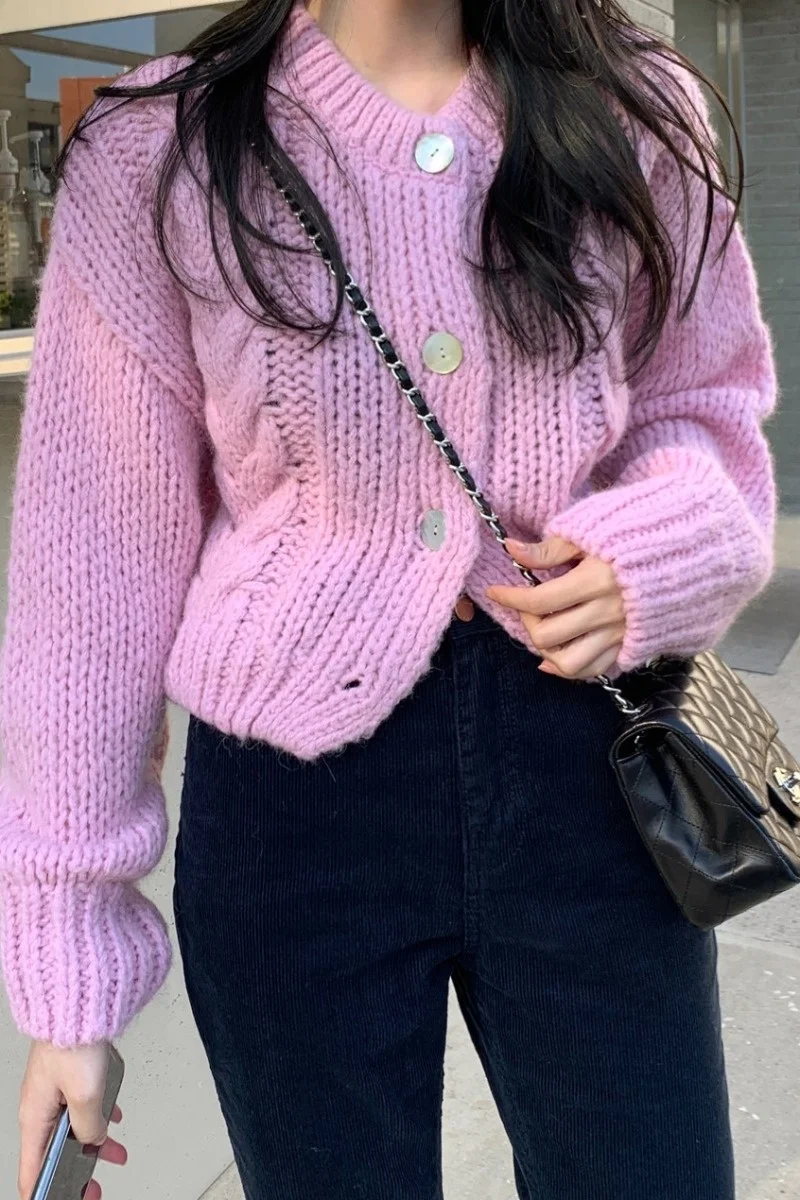 Корейский вязаный кардиган милая розовая кожа однобортный дизайн Теплый Твист