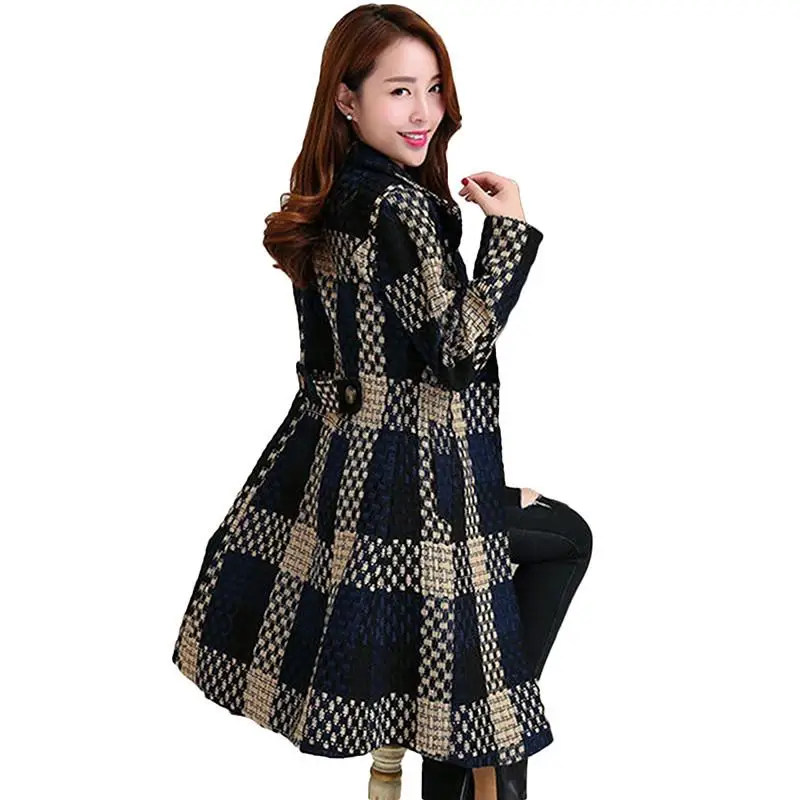 Женское твидовое шерстяное пальто длинное приталенное с лацканами повседневная