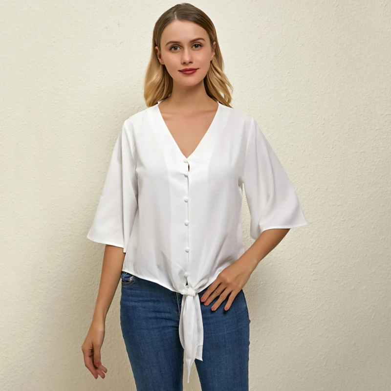 

2020 Women Chiffon Blouse Shirt Fashion Sexy Mid Sleeve Womens Tops V-neck Button Blouses Office Ladies
