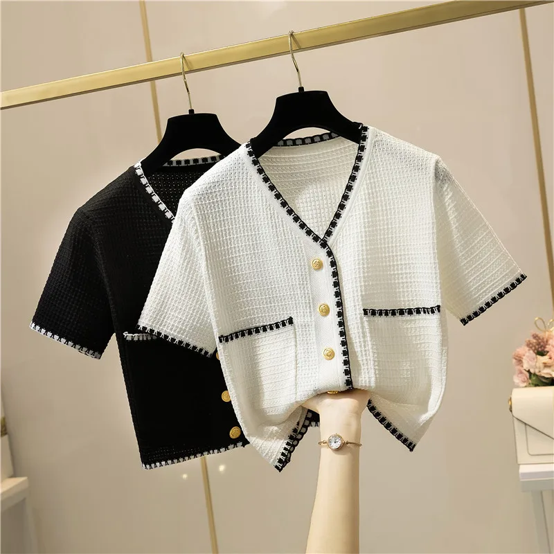 

Women 's Cardigan 2021 Summer New V-neck Short Sleeve Women 's Short Temperamental Knitted Cardigan Thin Coat Woven Top T-Shirt