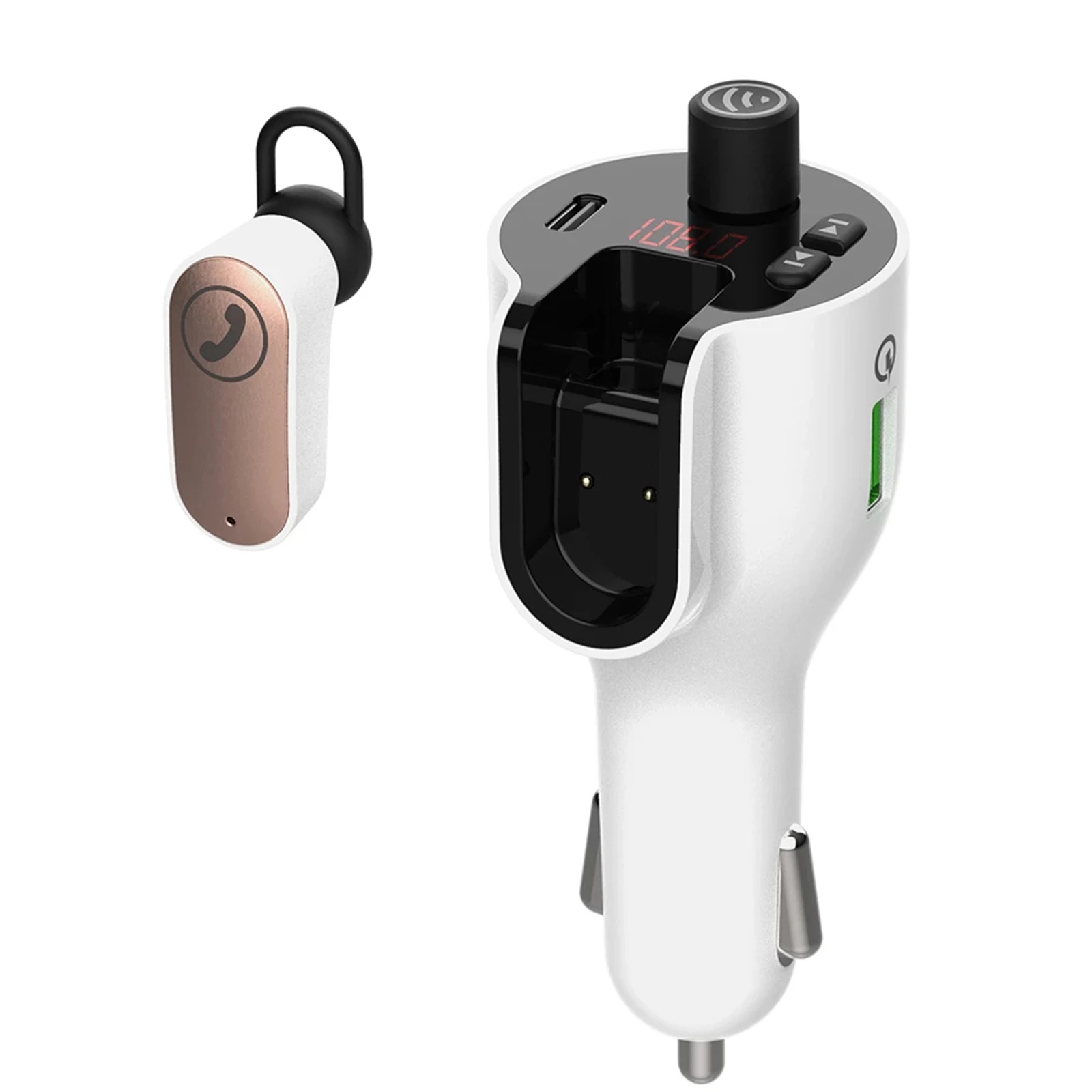 

G52 Car FM Transmitter Kit Car Charger Music Player With Wireless Earbud Support Hands-Free Calls Car Bluetooth Headset
