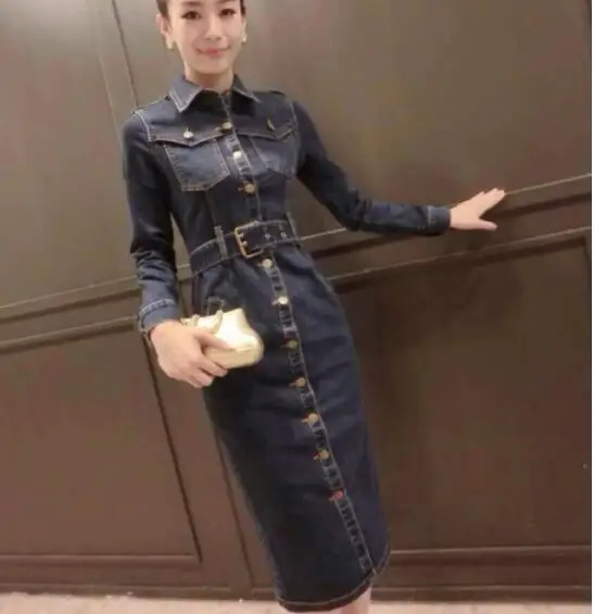 2019 Осенняя женская джинсовая платье плюс Размеры Винтаж с джинсовым платьем