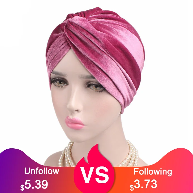 

Muslim Women Elastic Turban Hat New Bohemian Winter Velvet Twist Turban Chemo Beanie Cap Scarf Headwear Headwrap Hair Loss Cover