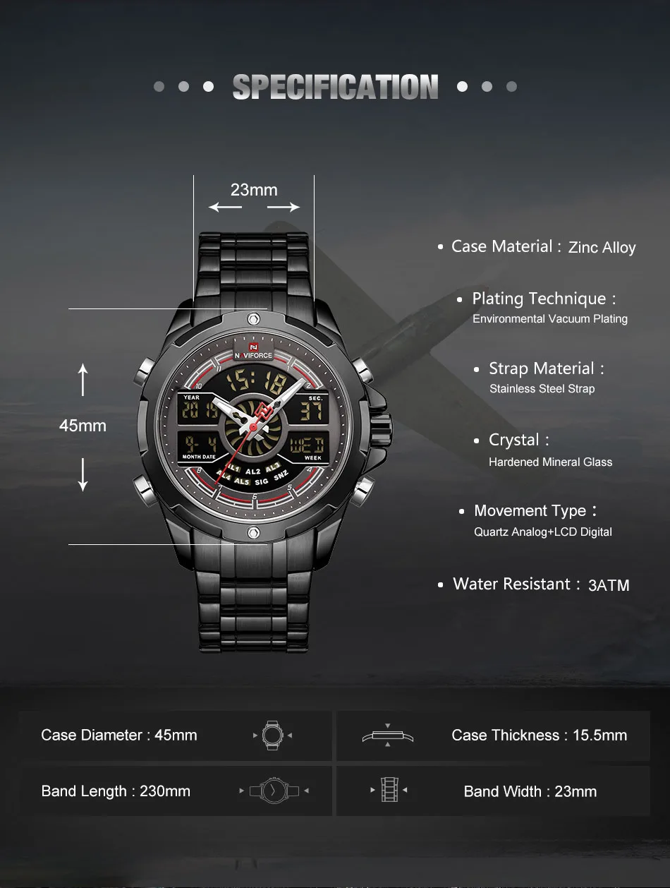 Роскошные Брендовые мужские часы NAVIFORCE, военные, светодиодный, цифровые, спортивные, наручные часы, бизнес, стальной ремешок, кварцевые часы, Relogio Masculino