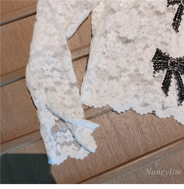 

2020 Autumn and Winter New Sweet Bow Long Sleeve Lace Shirt for Women stand collar white blouse lady chic tops female blusas