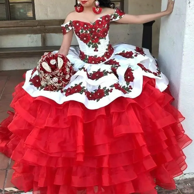 

White and Red Quinceanera Dresses With Tiered Skirt Embroidery Ball Gown Lace Sweet 16 Formal Dress Organza Tiered Ruffles Dress
