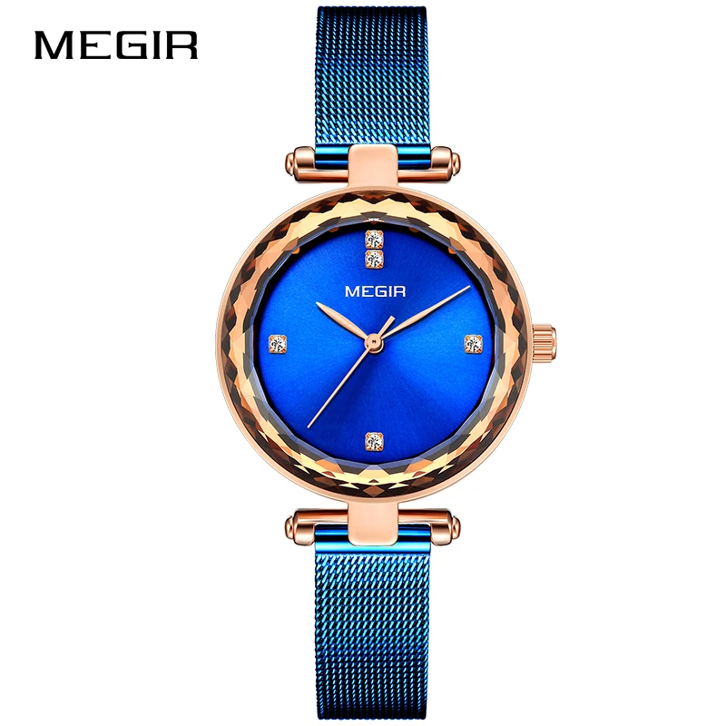 Blue Reloj Mujer Лидирующий бренд MEGIR женские часы RoseGold Relogio Feminino Роскошные сетчатые часы-браслет женские часы - Цвет: Blue