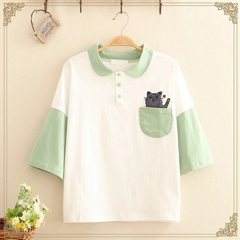 Женская футболка с вышитым котом летняя Винтажная воротником в стиле Харадзюку