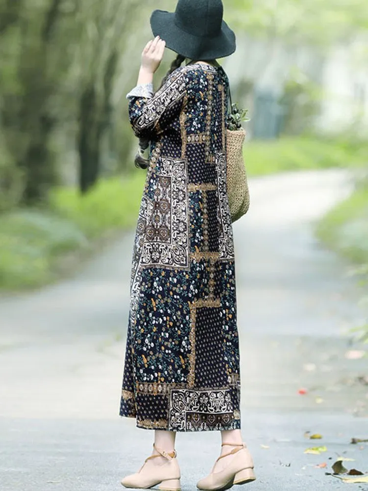 Женское хлопковое льняное платье винтажное Цветочное с круглым вырезом и