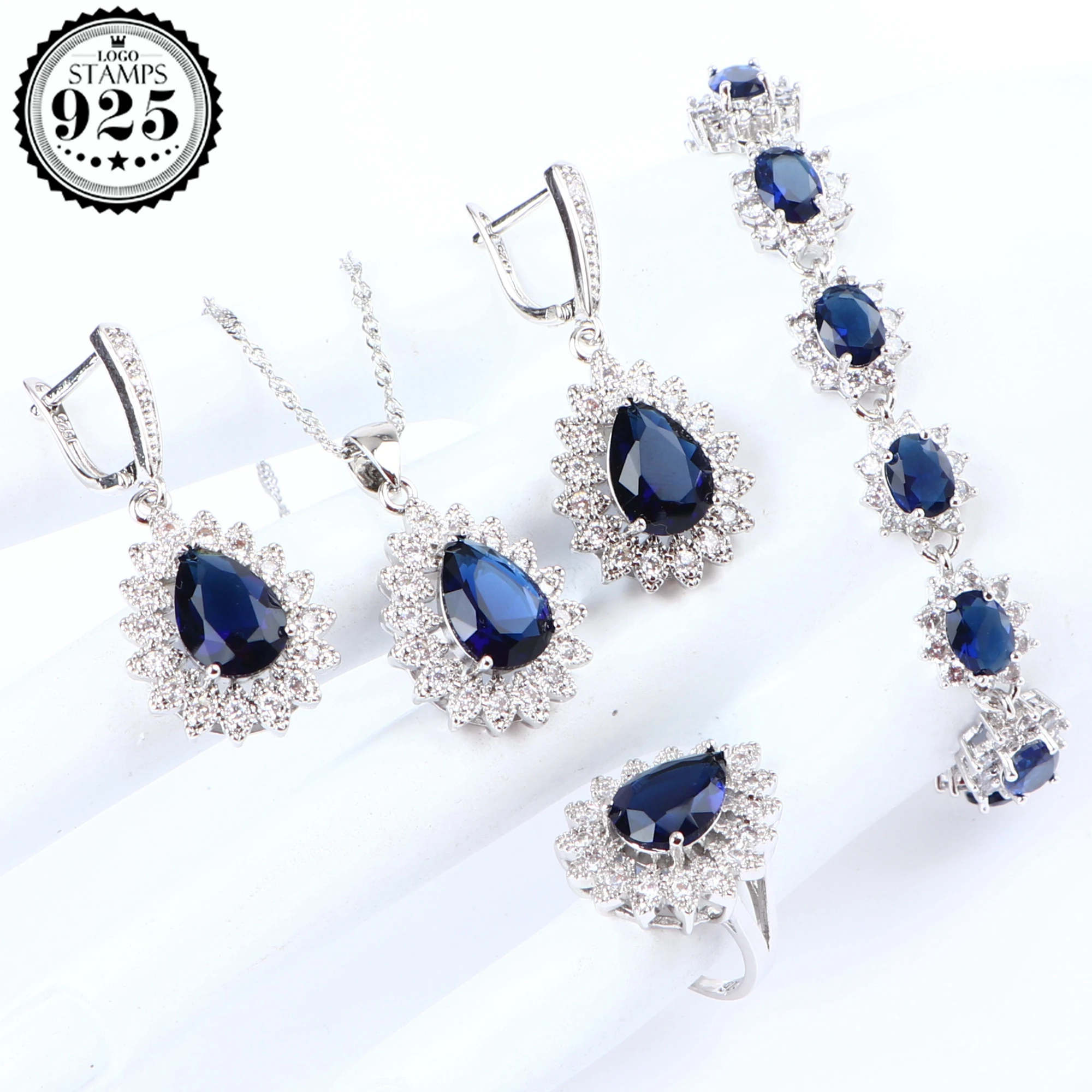 Женский костюм синий кубический цирконий Свадебные Ювелирные наборы 925 пробы