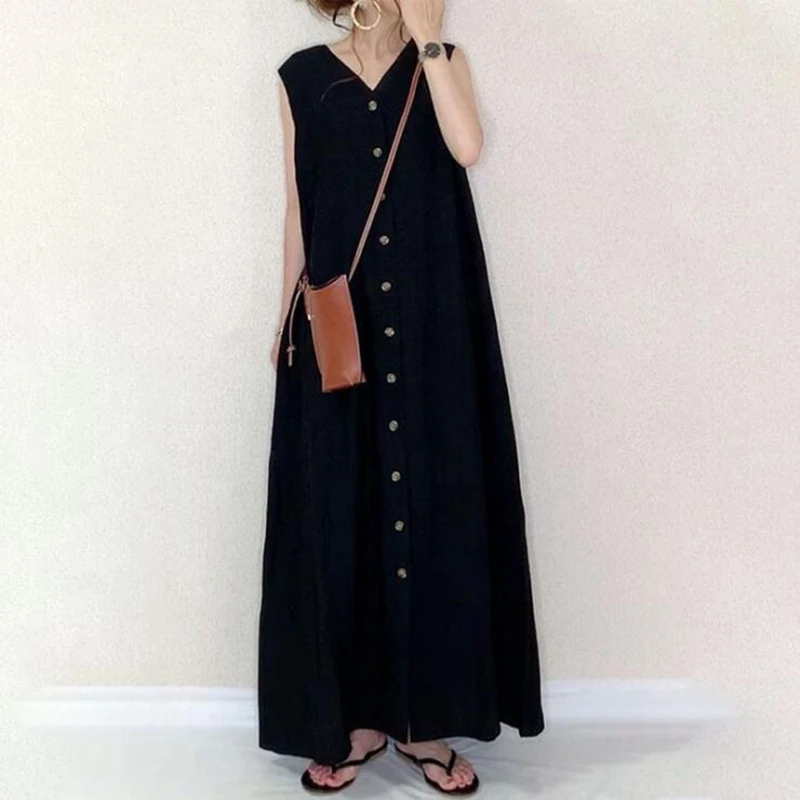 

Pop women's 2021 summer new Japanese long skirt temperament V-neck single breasted dress