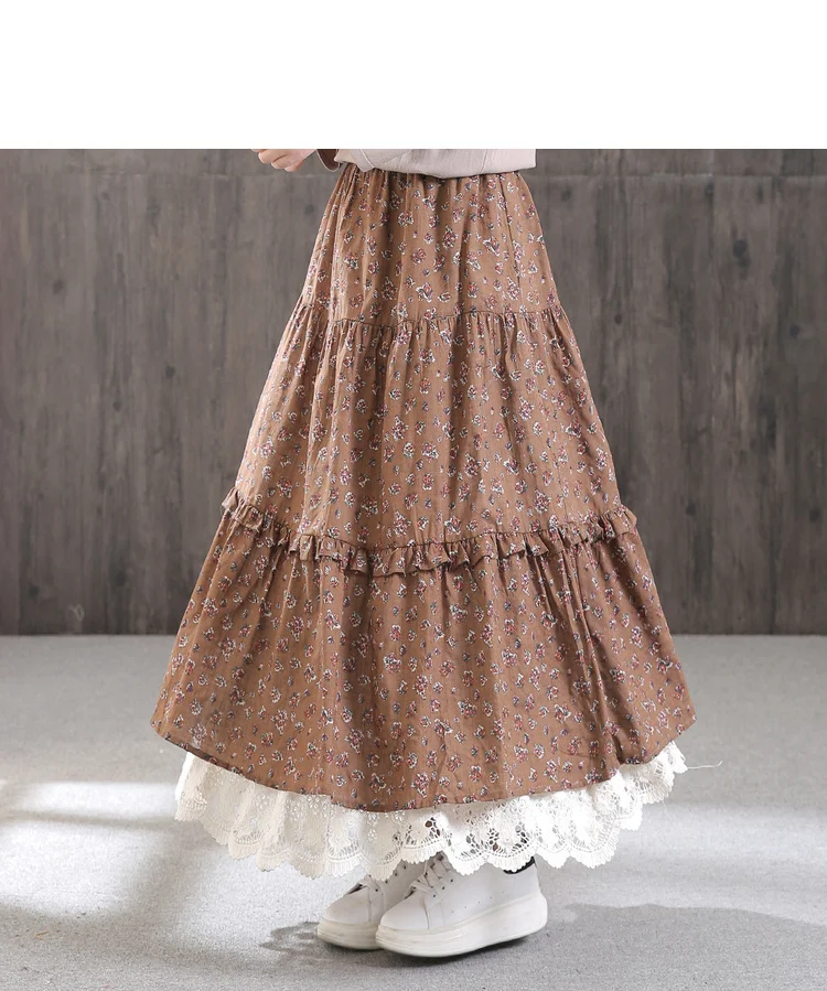 

Printed Cotton Skirt Women Hight Waist Elegant Faldas Mujer Ladies Jupe Jean Saia Feminina Lace Hem