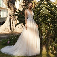 elegant white wedding dress v neck floor length floral lace backless a line wedding party de fiesta robe de soiree