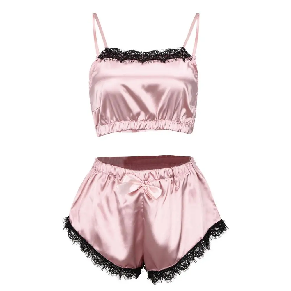 Комплект сексуального белья женская летняя Пижама атласная кружевная ночная