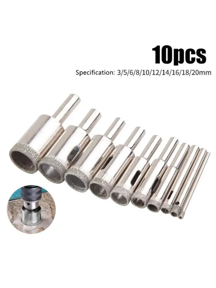 

10 Pcs Glass Drill Bits Kit 3-20mm Drill Guide Locator Hole Saw Cutter Tool Auxiliary Handle Positioning Dowel Drilling