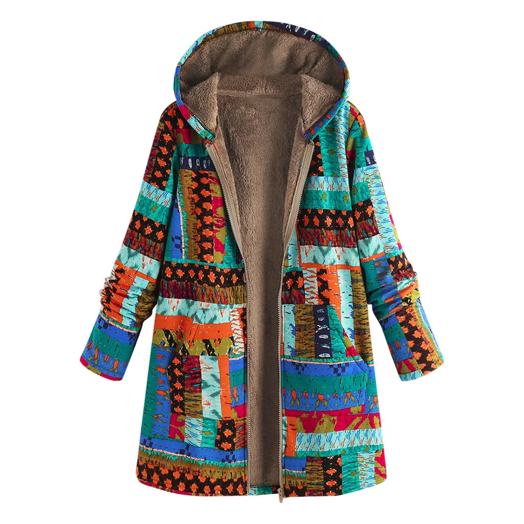 SAGACE Женское зимнее винтажное теплое флисовое пальто с капюшоном на молнии