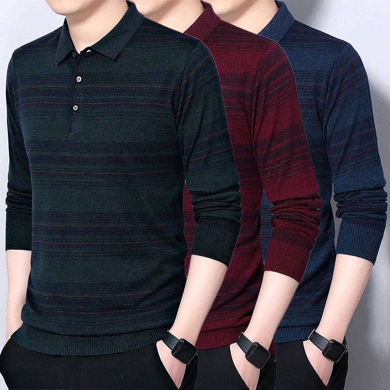 

Мужской Повседневный свитер в полоску, с отложным воротником