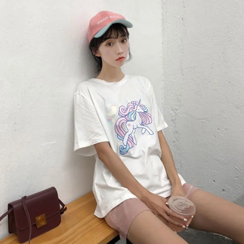 Лето 2020 футболка для женщин единорог с о образной горловиной и
