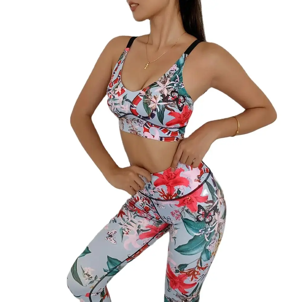 

#402 two piece set women Elastic Compression Leggings Printing Floral High-waisted tights Fitness Gym Workout Outfit Yoga Set