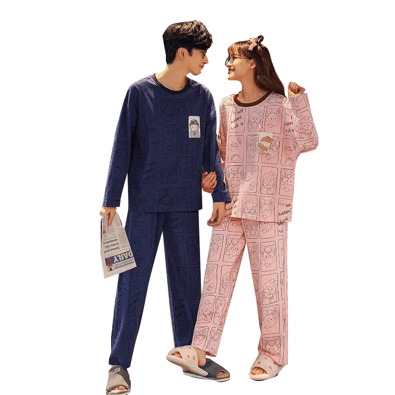 Новинка осенне-зимние хлопковые Пижамные комплекты для пар брюки с круглым