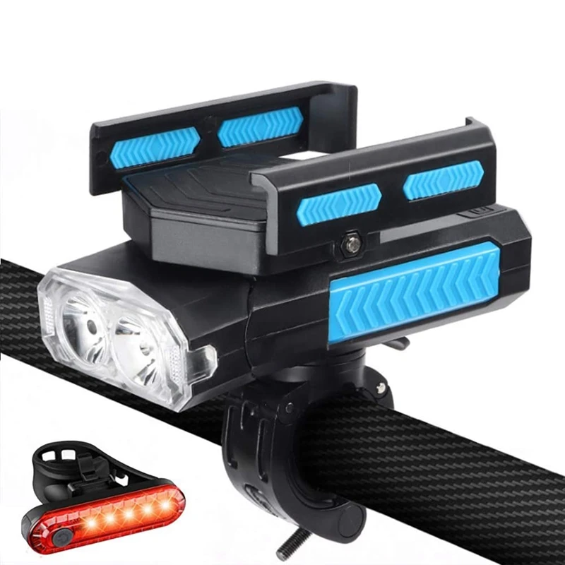 

Bike Light Set with Cell Phone Holder,5 in 1 Light with Horn,Waterproof Bicycle Front Headlight and Taillight