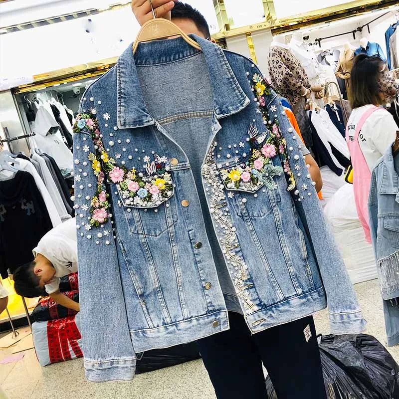 Тяжелая работа бисером цветок джинсовая куртка 2019 осень новая свободная