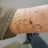 hocole 4 pcsset fashion gold chain bracelet sets for women bohemian circle moon leaf open cuff bangles bracelets charm jewelry