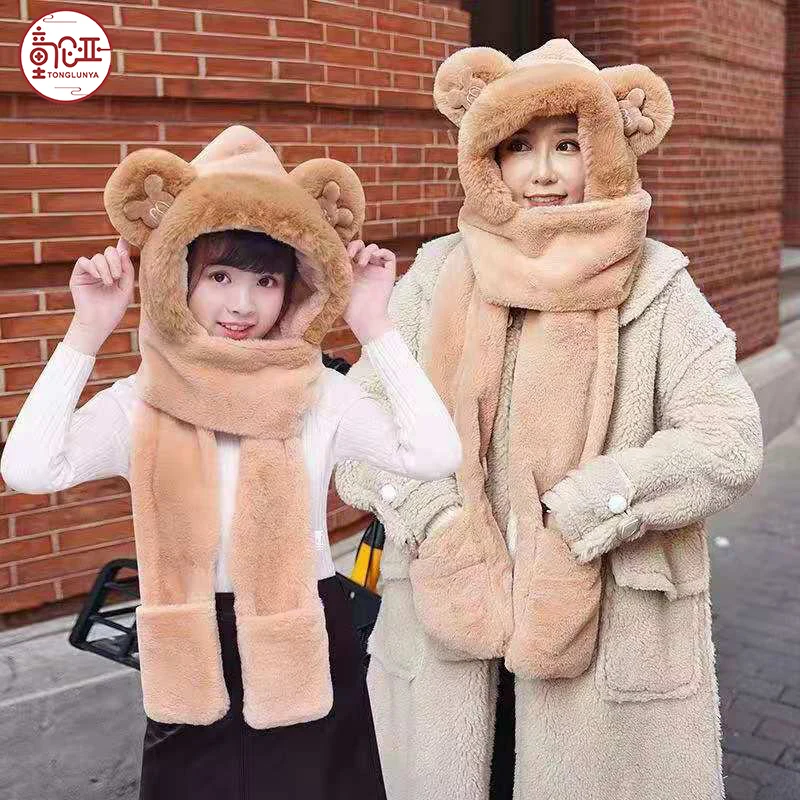 

2021 autumn and winter warm hat scarf gloves one piece three-piece set plush bear parent-child cold outdoor net red hat