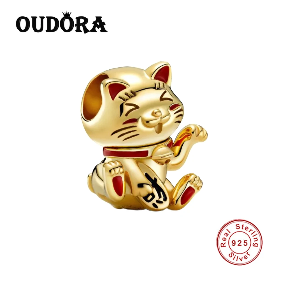 

Gold Cute Fortune Cat Fit Original Pan Bracelet Charms 925 Sterling Silver Animal Charm Bead Jewelry Berloque Gift Making